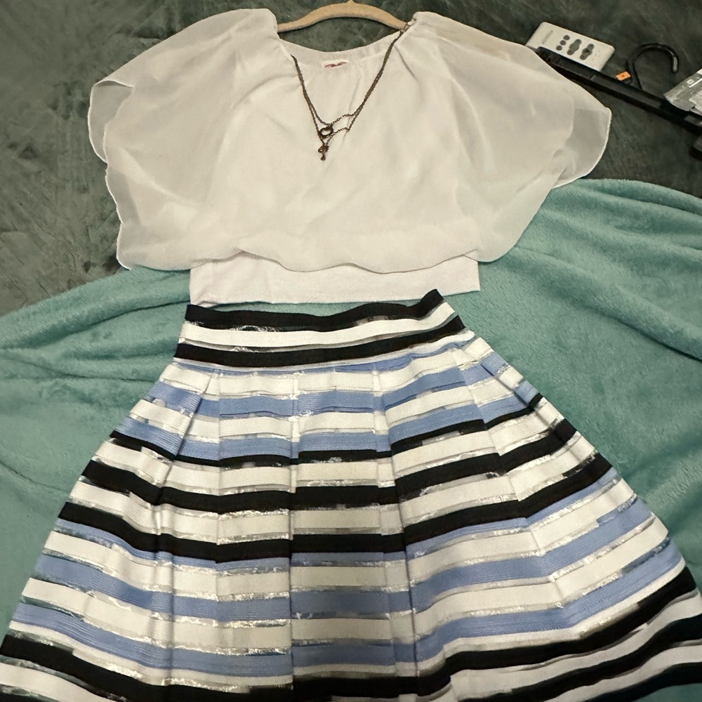 Striped A-Line Skirt in Blue, White & Black - Women